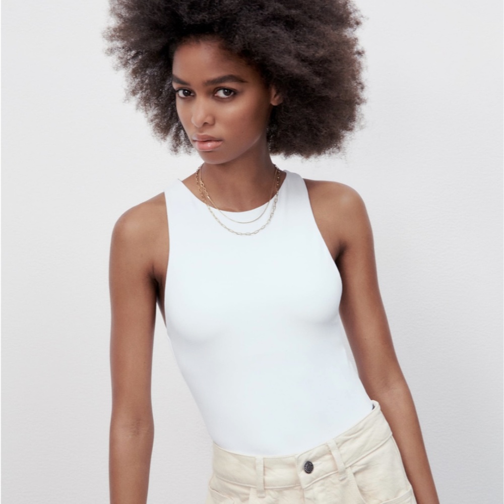 ZARA Halterneck Bodysuit with Button Snap Button Enclosure White
